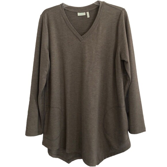 LOGO by Lori Goldstein Tunic Top  Womens L Assymetrical Hem Pockets Lagenlook - Picture 1 of 13